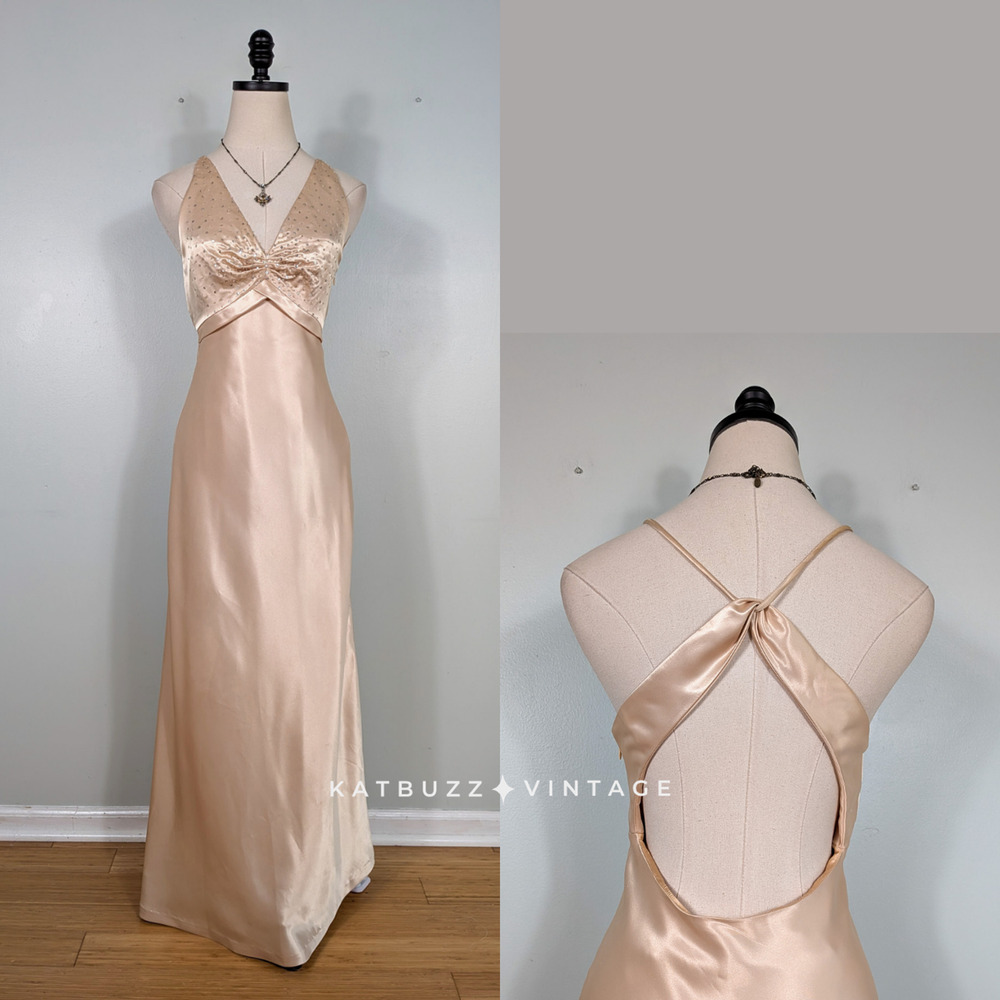 Vintage Prom Dress Maxi Gown M Gold Y2K Babydoll Bead Glam 90S Slip Satin Aline